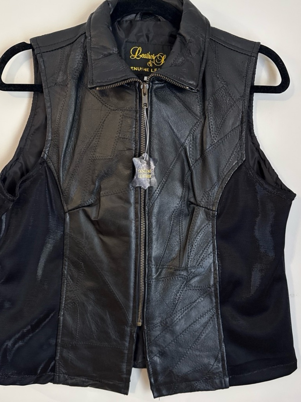 Black Genuine Leather Sleeveless Zip Vest by